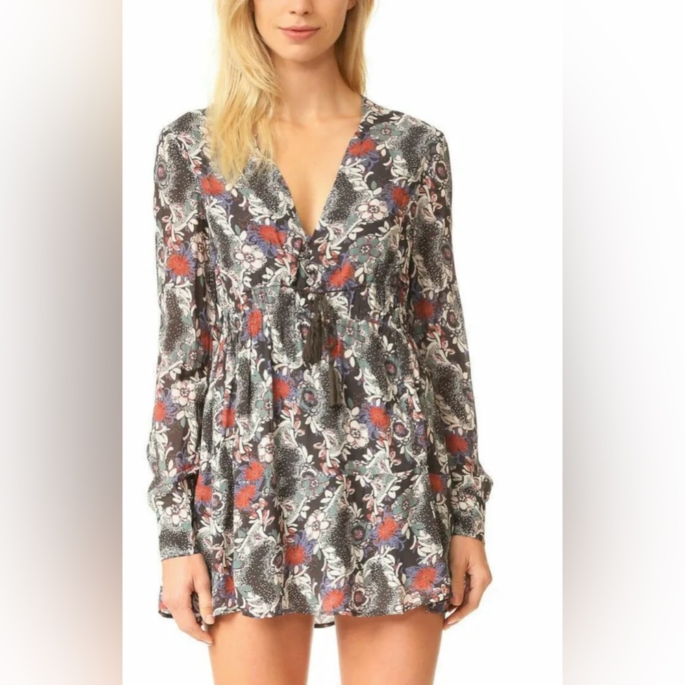 Free People Long Sleeve Stealing Fire V-neck Button Loop Bodice A-line Dress